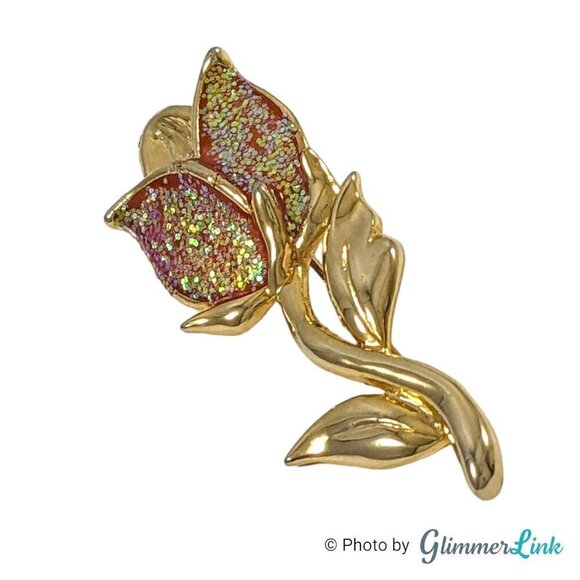 Vintage Glitter Enamel Tulip Flower Gold Tone Brooch - Picture 2 of 6